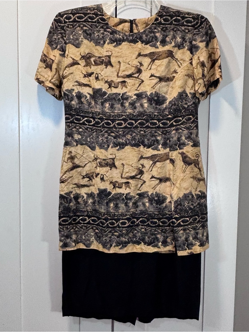 Vintage 90s K.C. Spencer Dress Cave Painting Animal Print Rayon USA Made VTG 6
